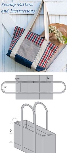 the sewing pattern shows how to make a bag with handles and straps, as well as instructions