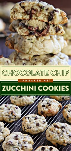 chocolate chip zucchini cookies stacked on top of each other with text overlay