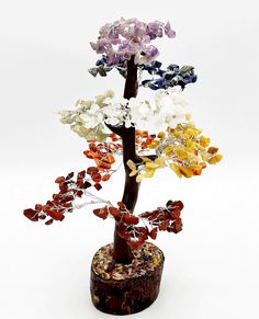 Chakra Gemstone money tree. Wooden base and branches. All gemstones are wire wrapped within the branches.  It stands 10" tall. You can spread the various branches in your own personal way.  Chakra means wheel in Sanskrit. The primary energy or body  is like a spinning wheel or Chakras. There are 7 energies in the body. It empowers energy to move from one part of the body to the other. When your chakras are all functioning properly, an individual can have a sense of balance in their physical, emotional and spiritual being. The various gemstones are used to balance and strengthen our Chakras. This beautiful crystal tree can be put in any room of your home or working space so that one can gain the advantages from its energy.  Enhance oneself with this crystal tree. This Chakra tree is a wonde Spiritual Being, Chakra Tree, Money Tree, Crystal Tree, Money Trees, Office Desk Decor, Working Space, Spinning Wheel, Sanskrit