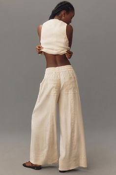 Linen, viscose, elastane Front slant pockets Back patch pockets Pull-on styling Machine wash Imported | Tie-Waist Wide-Leg Pants: Contrast-Stitch Edition by Maeve in White, Women's, Size: Smallmall, Linen/Viscose/Elastane at Anthropologie Wide Leg White Pants, Linen Fashion, Wide Leg Linen Pants, Back Patch, Fashion Over 50, Estilo Boho, 50 Fashion, Linen Clothes, White Pants