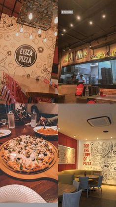 the inside of an eatery with pizzas on display and in front of it