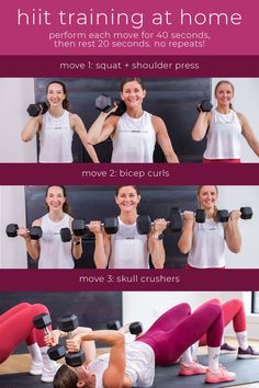 a woman is doing exercises with dumbbells in front of her and the words hiit training at home