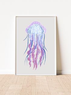 a watercolor painting of a jellyfish in purple and blue on a white background