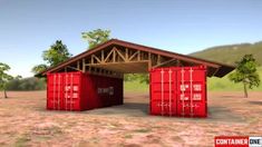 an animated rendering of two red shipping containers in front of a covered area with trees