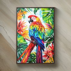 a painting of a colorful parrot perched on a branch with tropical leaves and flowers in the background