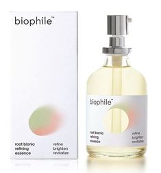 a bottle of biochille next to a box on a white surface with an orange and green dropper