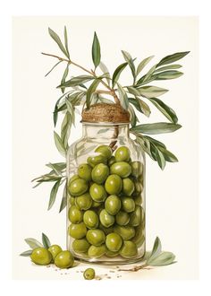 a jar filled with green olives sitting on top of a table next to leaves