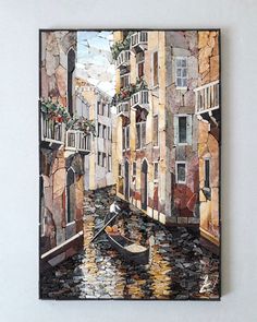 the painting is hanging on the wall in front of the white wall and it has a small boat floating down the river