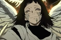 an anime character with black hair and angel wings on his face, staring at the camera