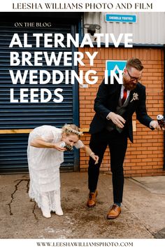 a man and woman in wedding attire standing next to each other with the words alternative brewery wedding leads