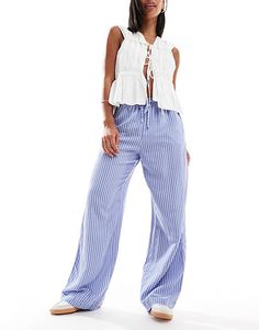 Bershka tie waist wide leg cotton trousers in light blue and white pinstripe | ASOS Blue And White Trousers Outfit, White And Blue Striped Pants Outfit, Blue Striped Pants Outfit, Pinstripe Pants Outfit, White Trousers Outfit, Blue And White Striped Pants, Portugal Fits, Wide Leg Cotton Pants, Striped Trousers