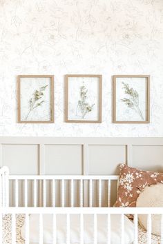 a white crib with three framed pictures on the wall