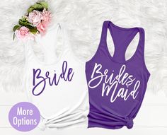 two bridesmaid tank tops, one in purple and the other in white with pink flowers