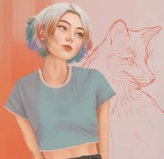 a drawing of a woman with short hair and a cat behind her