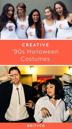 a group of people standing around each other in front of a sign that says creative 90's halloween costumes