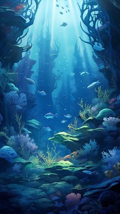 an underwater scene with corals and fish in the water, as well as sunlight streaming through