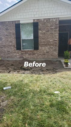 before and after landscaping in front of a brick house with grass growing on the lawn