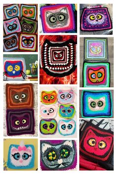 many crocheted squares are arranged in different colors and sizes, including one with an owl's head