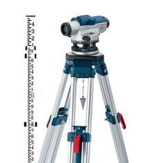 a blue and white tripod with a red handle on it's legs is shown in front of a ruler