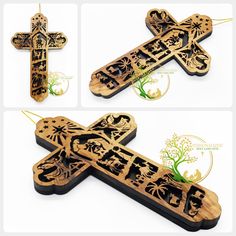 the cross is made out of wood and has an intricate design on it's sides