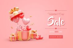 valentine's day sale banner with gift boxes and balloons