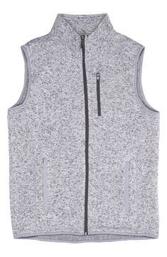 Keep your core warm in a vest knit from soft and stretchy yarn that's easy to layer. Stand collar Sleeveless 100% polyester Machine wash, tumble dry Imported Versatile Sleeveless Sweater Vest For Winter, Casual Sleeveless Knit Outerwear, Gray Sleeveless Vest For Outdoors, Gray Sleeveless Vest For Outdoor, Sleeveless Knit Outerwear For Layering, Cozy Sleeveless Vest For Layering, Functional Layering Vest, Casual Recycled Polyester Tops For Winter, Functional Sleeveless Vest For Cold Weather