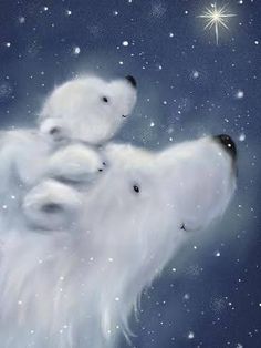 two polar bears are sitting on top of each other in the sky with snow flakes