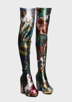 Current Mood Painting Print Thigh High Boots – Dolls Kill Demons Tattoo, Mood Painting, Mohair Suit, Current Mood Clothing, Fur Jackets, Christian Audigier, Boots Womens, Chunky Block Heels, Skirt Sets