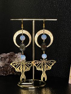 Moth pendant earrings with Opalite crystals Gold Butterfly Jewelry For Festival, Bohemian Butterfly Jewelry With Pierced Design, Moth Jewelry, Moth Pendant, Colorful Moths, Moth Earrings, Opalite Crystal, House Items, Etsy Promotion