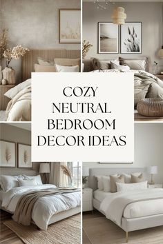 a collage of neutral bedroom decor ideas