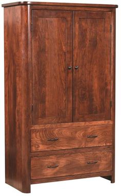 a wooden armoire with two drawers on one side and an open drawer on the other