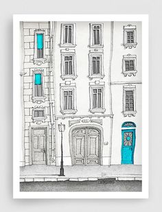 a drawing of a blue phone booth in front of a building with windows and doors