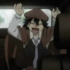 an anime character is sitting in the back seat of a car with his hands up