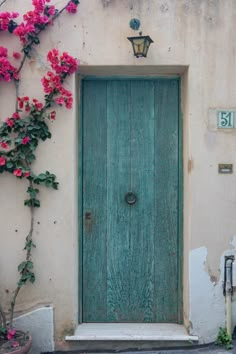 a green door with pink flowers growing on it's side next to a white wall