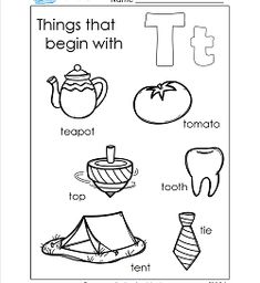 a worksheet for beginning with the letter t, including pictures and words to color