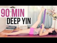 a woman is doing yoga on a mat with the words, 90 min deep yin