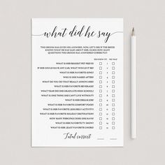 Funny bridal shower game template by LittleSizzle What Did He Say About His Bride, Best Bridal Shower Games, Bridal Shower Question Game, What Did He Say, Marriage Games, Bridal Shower Decorations Elegant, Bridal Shower Questions, Black And White Cards, Bridal Shower Games Funny