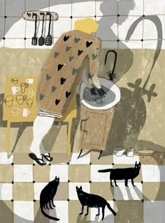 an image of a man washing his hands in the sink with cats around him and utensils hanging on the wall