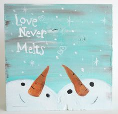 two snowmen with horns on their heads and the words love never melts