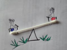 two stick drawings depicting people riding on top of each other