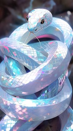 a white snake with blue and pink scales on it's head is curled up