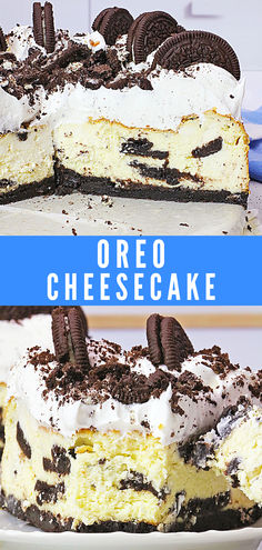 an oreo cheesecake is cut into pieces and served on a plate