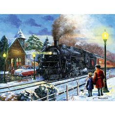 a painting of a woman and child looking at a train on the tracks in the snow