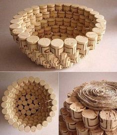 several images of different types of wine corks arranged in a circular basket on top of each other