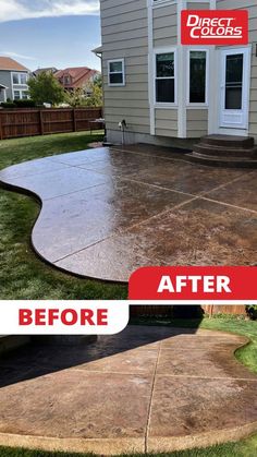 a before and after shot of a concrete patio in front of a house with grass