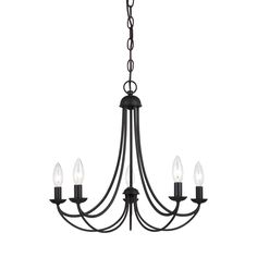 a black chandelier with five lights hanging from it's center and four arms