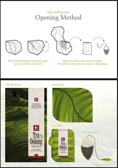 brochure design for an organic product with leaf shapes and text that reads opening method