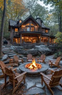 a fire pit in front of a house surrounded by trees and rocks with chairs around it