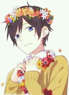 an anime character with flowers in his hair