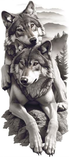 two wolfs sitting on top of each other with mountains in the background